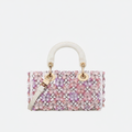 LADY D-JOY MICRO BAG MADE OF WHITE CALF LEATHER WITH PINK FLOWER EMBROIDERY AND RHINESTONES